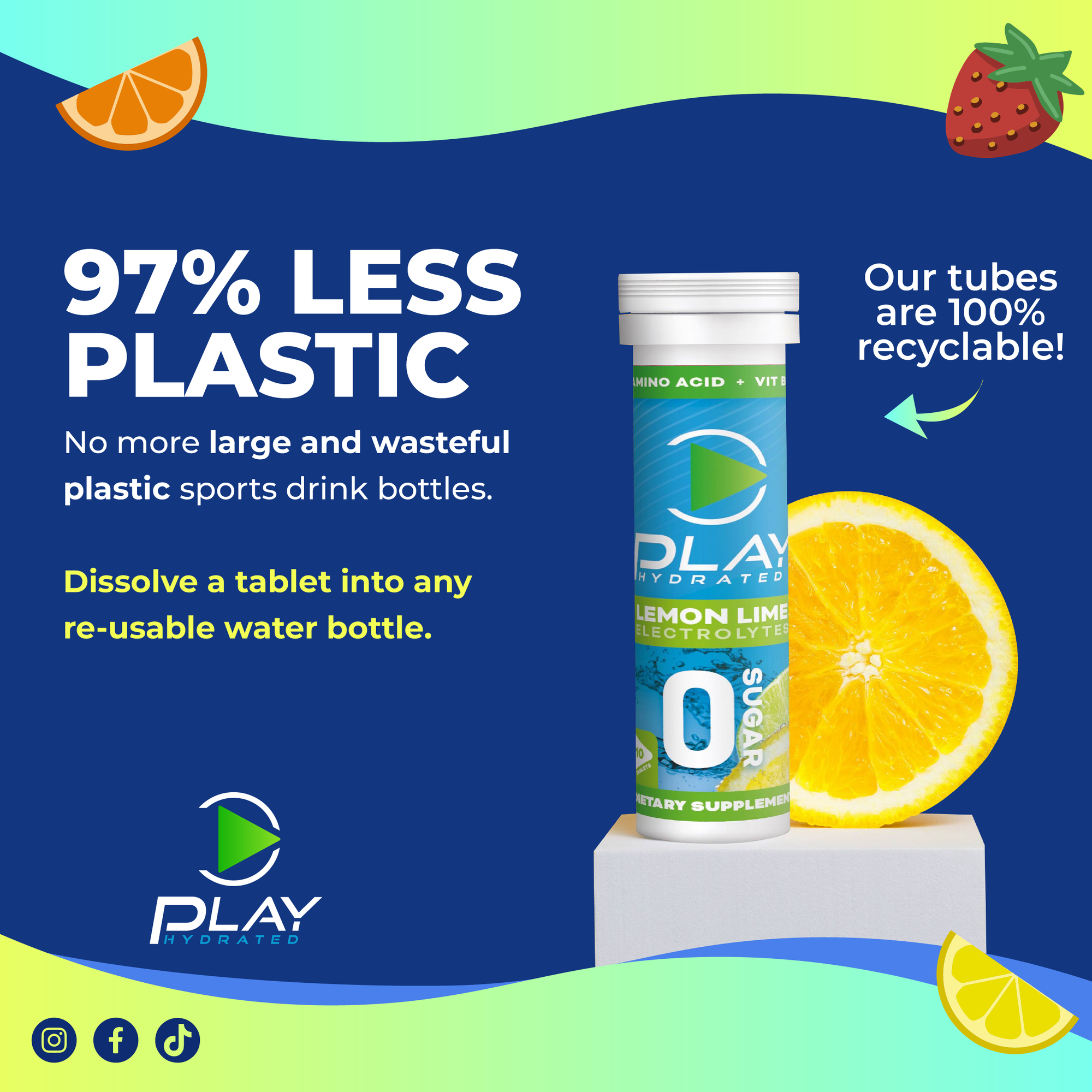 sports drink with vitamins and minerals and sugar-free and no sugar crash and 97% less plastic and tablets are easy to dissolve into any reusable water bottle and 100% recyclable container